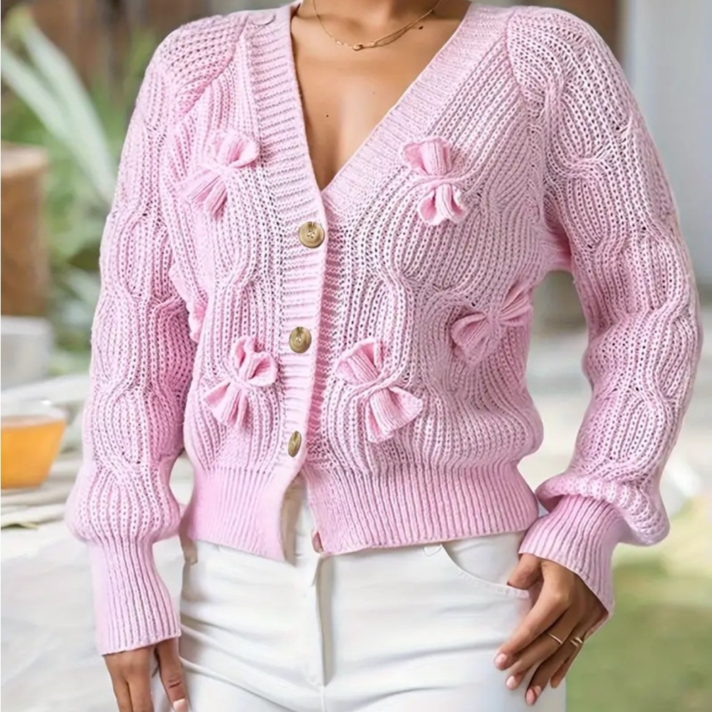 New Cardigan Pink Knitted Women's Sweater with Bow Details - Picture 1 of 6